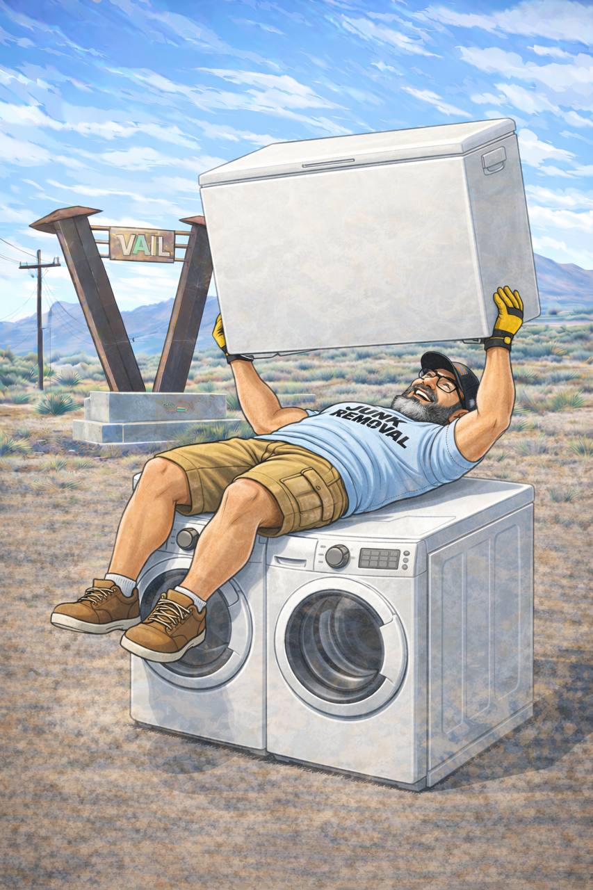 Timothy from Bearded Junk Removal bench pressing a chest freezer over a washer and dryer in Vail Arizona