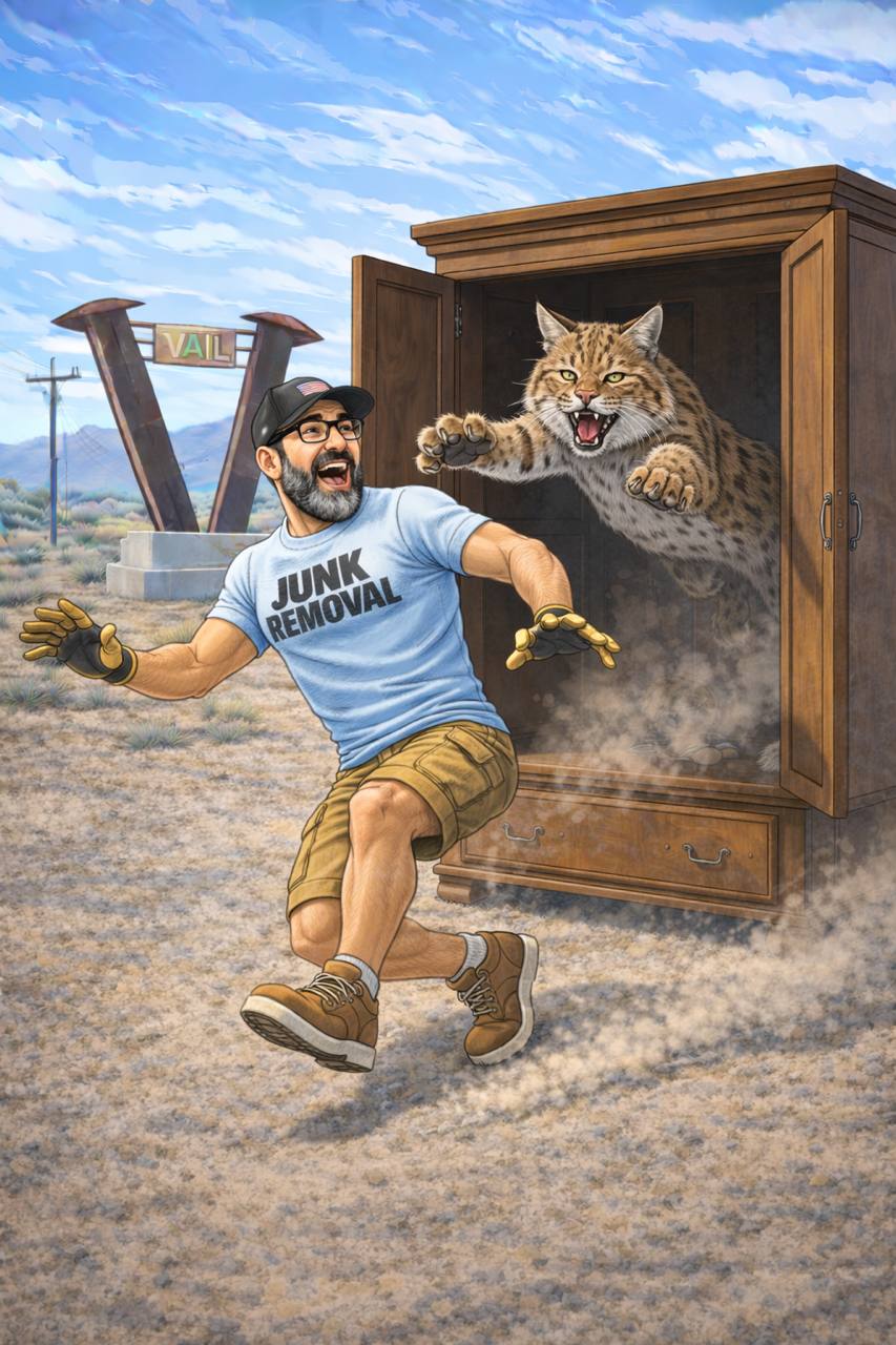 Timothy from Bearded Junk Removal being chased by a bobcat jumping out of an old armoire in Vail Arizona
