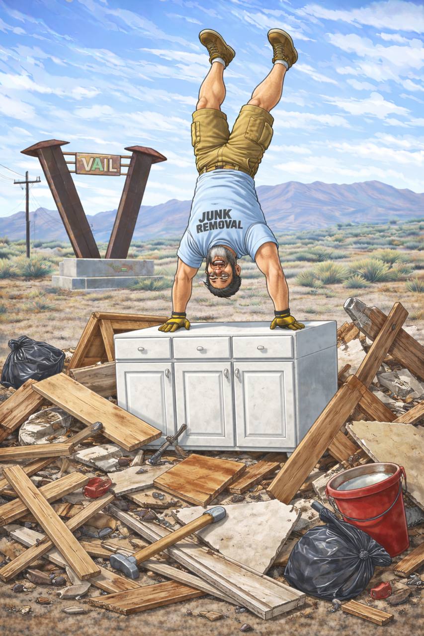 Timothy from Bearded Junk Removal performing a handstand on kitchen cabinets amidst construction debris in Tucson Arizona