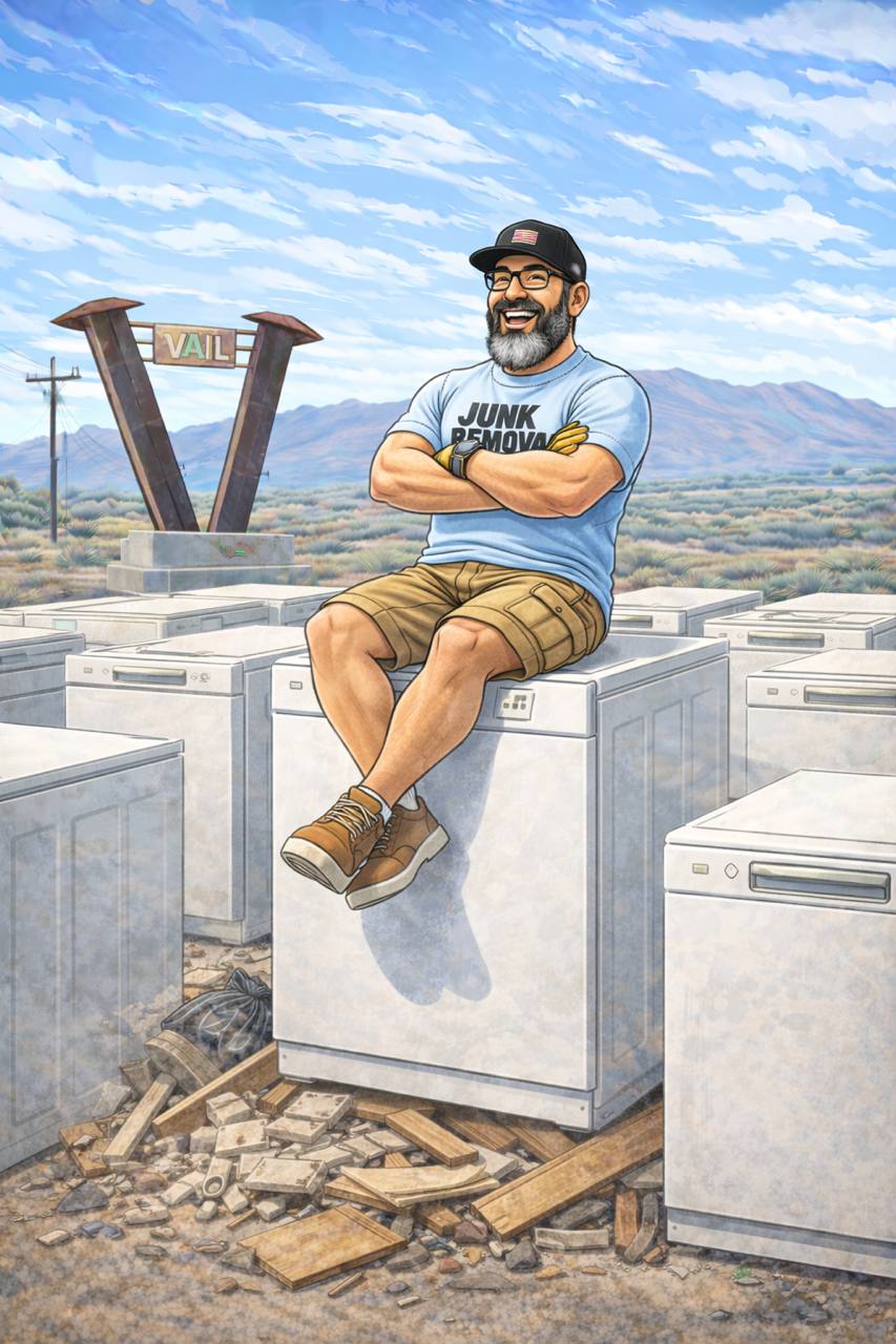 Timothy from Bearded Junk Removal sitting on top of a dishwasher in Vail Arizona