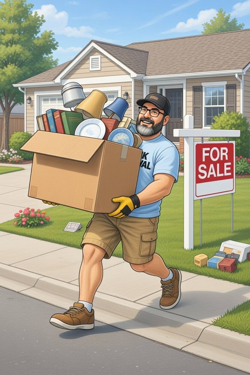 Timothy from Bearded Junk Removal carrying a box of household items in front of a house with a for sale sign in Arizona