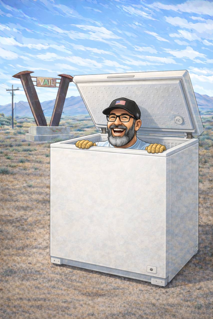 Timothy from Bearded Junk Removal popping out of a deep freezer in Vail Arizona