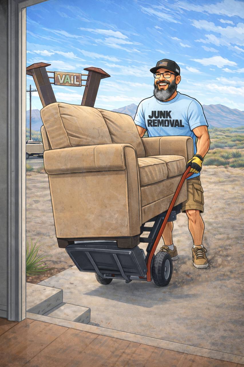 Timothy from Bearded Junk Removal hauling a sofa in Vail Arizona