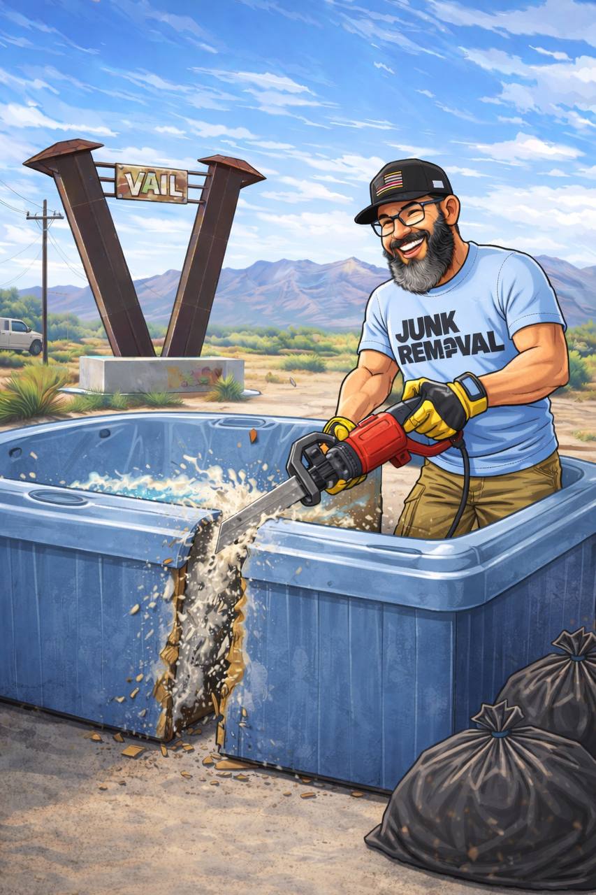 Timothy from Bearded Junk Removal performing hot tub demolition in Vail Arizona