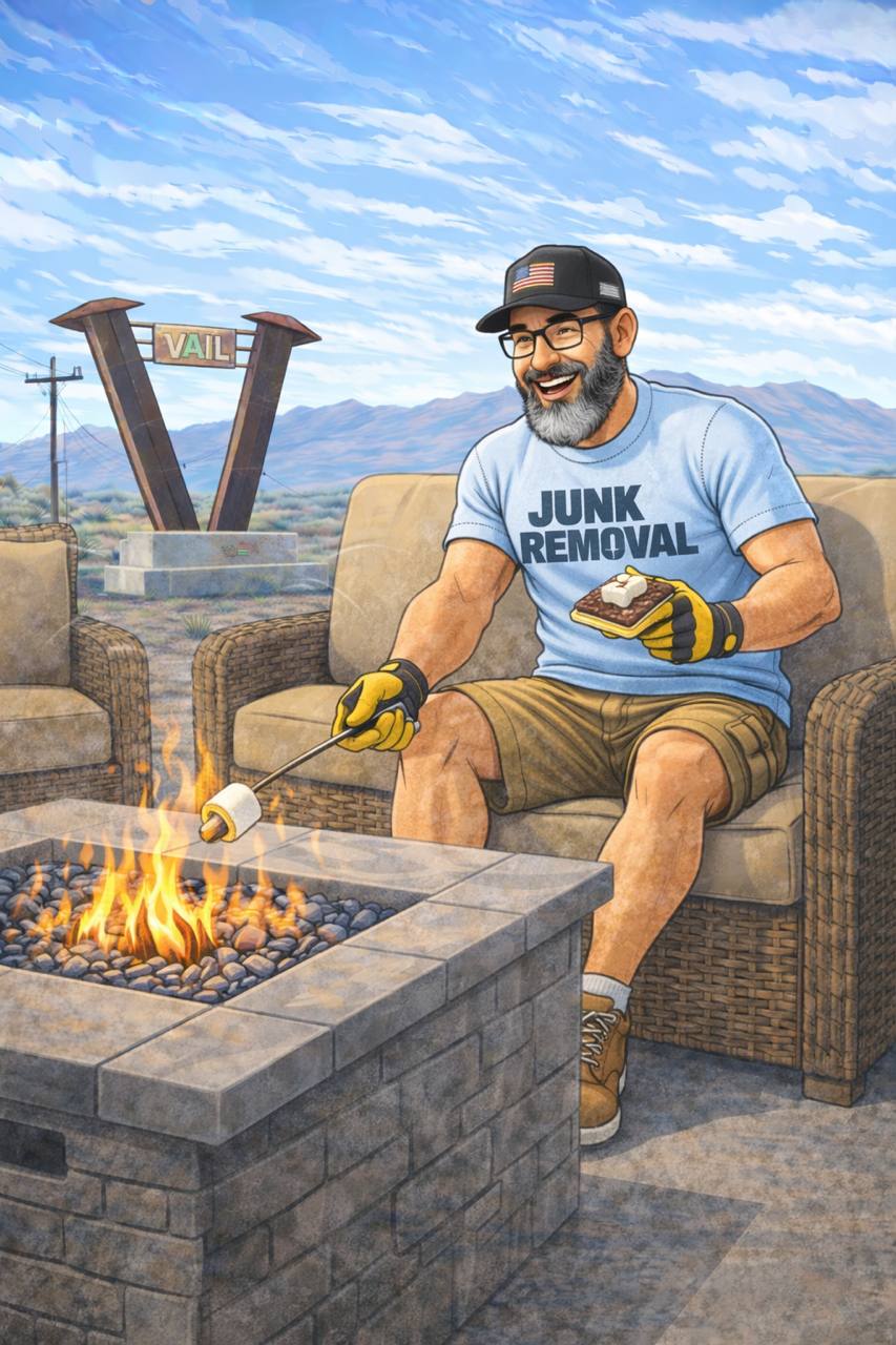 Timothy from Bearded Junk Removal roasting marshmallows over a patio fire pit in Tucson Arizona