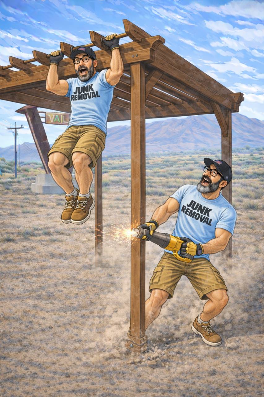 Timothy from Bearded Junk Removal using a saw to dismantle a wooden pergola in Vail Arizona