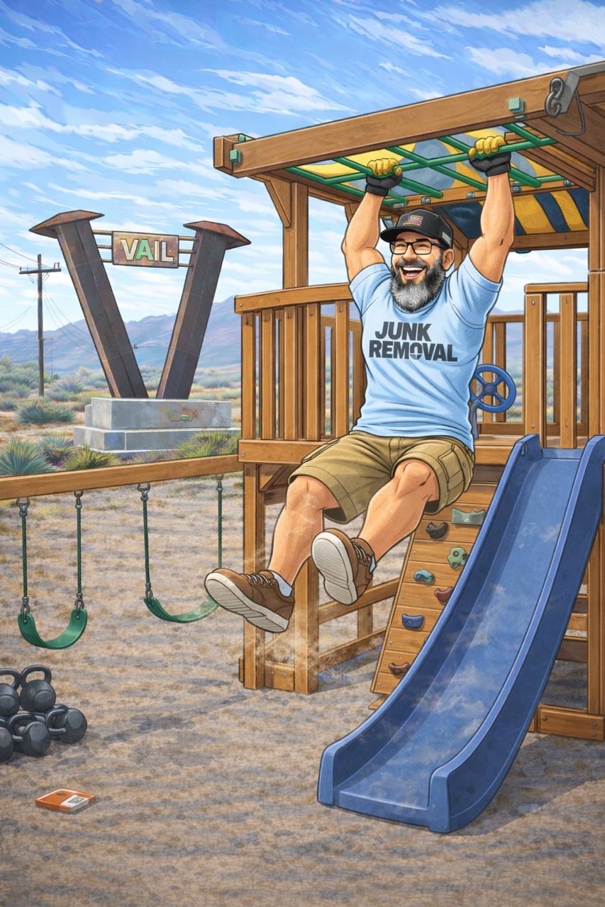 Timothy from Bearded Junk Removal taking down a wooden play set in Vail Arizona