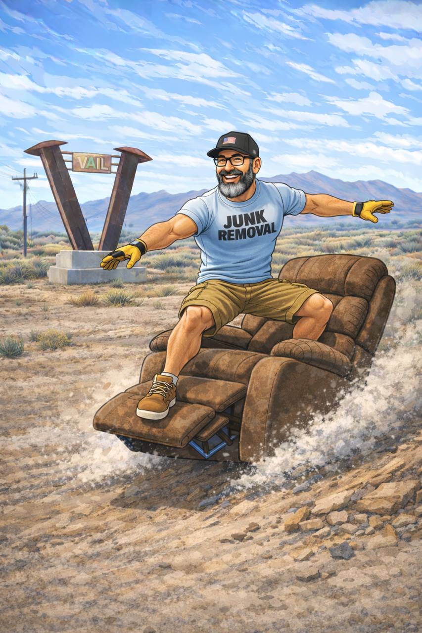 Timothy from Bearded Junk Removal surfing on a brown recliner in the Vail Arizona desert