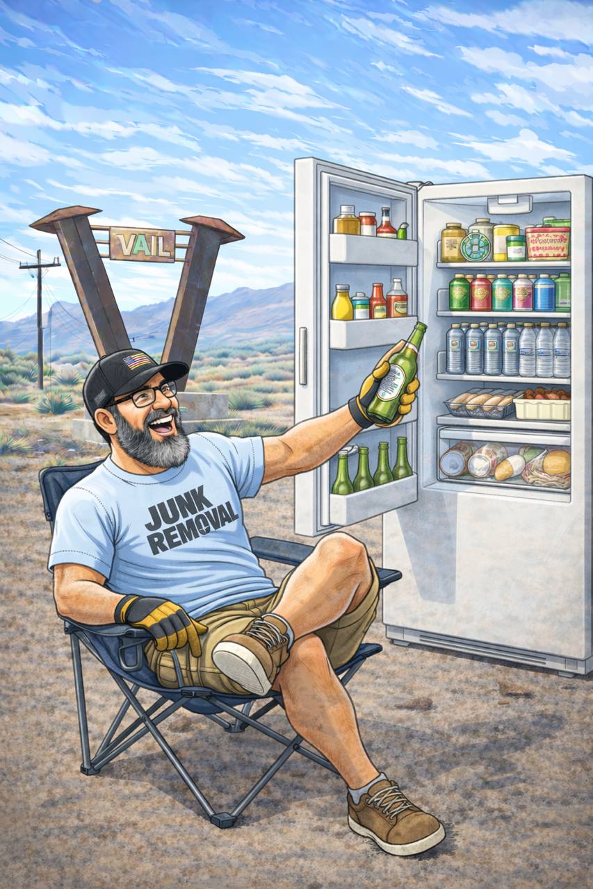 Timothy from Bearded Junk Removal relaxing beside an open refrigerator in Tucson Arizona