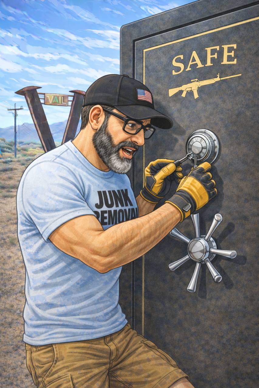 Timothy from Bearded Junk Removal cracking a large gun safe in Tucson Arizona