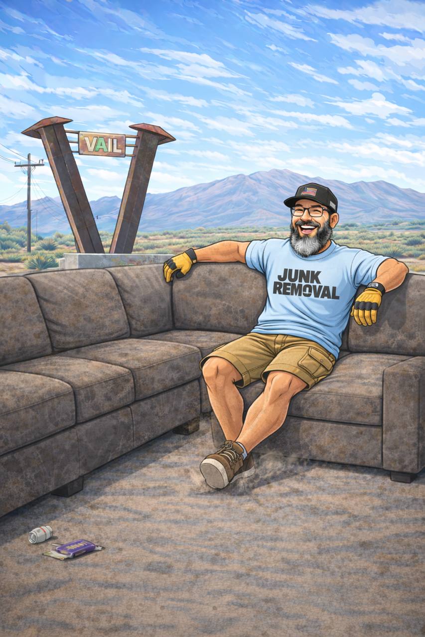 Timothy from Bearded Junk Removal sitting on a sectional sofa in Tucson Arizona