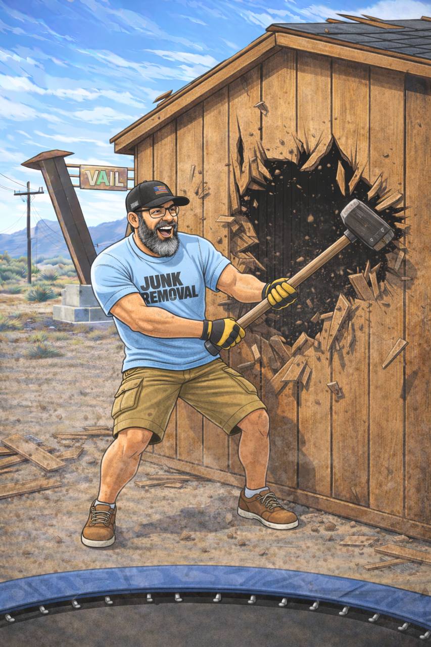 Timothy from Bearded Junk Removal performing shed demolition with a sledgehammer in Vail Arizona