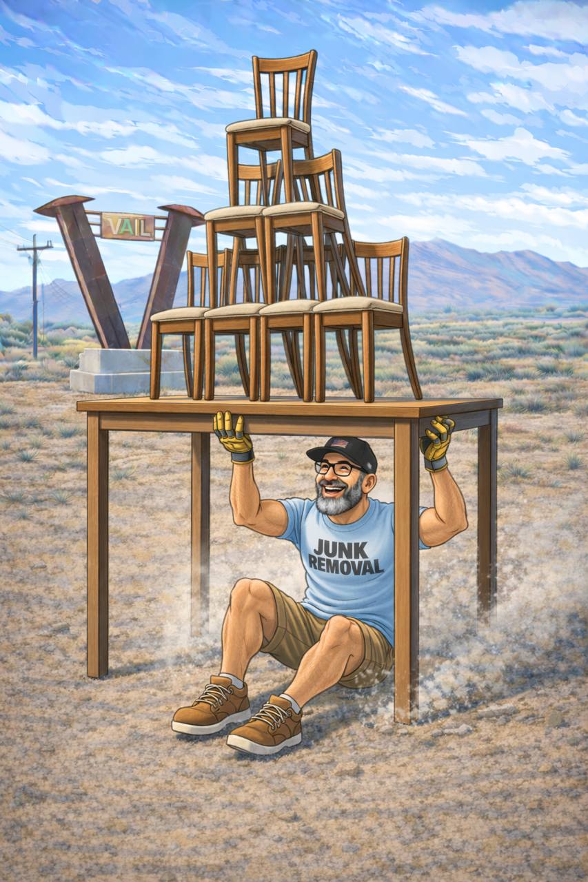 Timothy from Bearded Junk Removal lifting a table stacked with a pyramid of chairs in Tucson Arizona